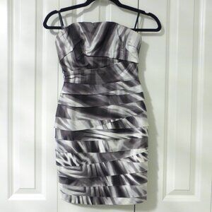 BEBE gray and white layered strapless dress with padded cups